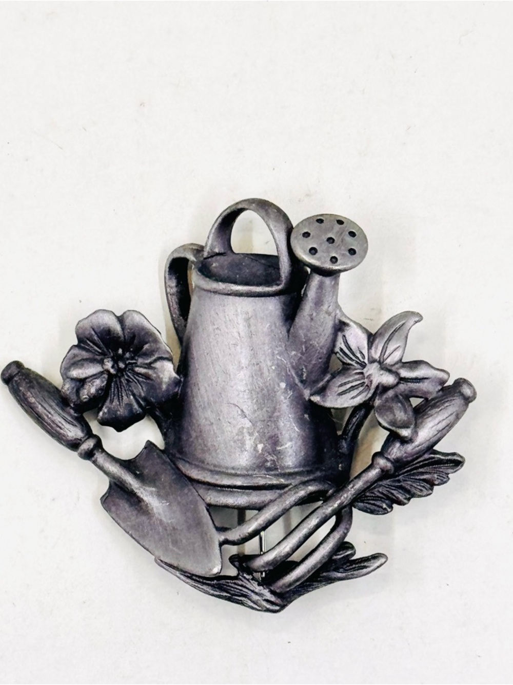 AJC Vintage Silver Tone Gardening Watering Can Floral Flower Brooch